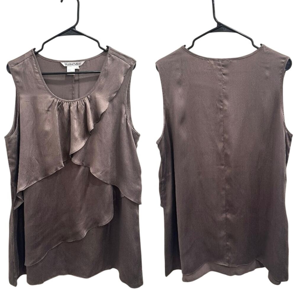 WinterSilks NWT Brown Silk Sleeveless‎ Asymmetrical Tiered Ruffle Blouse Size XL